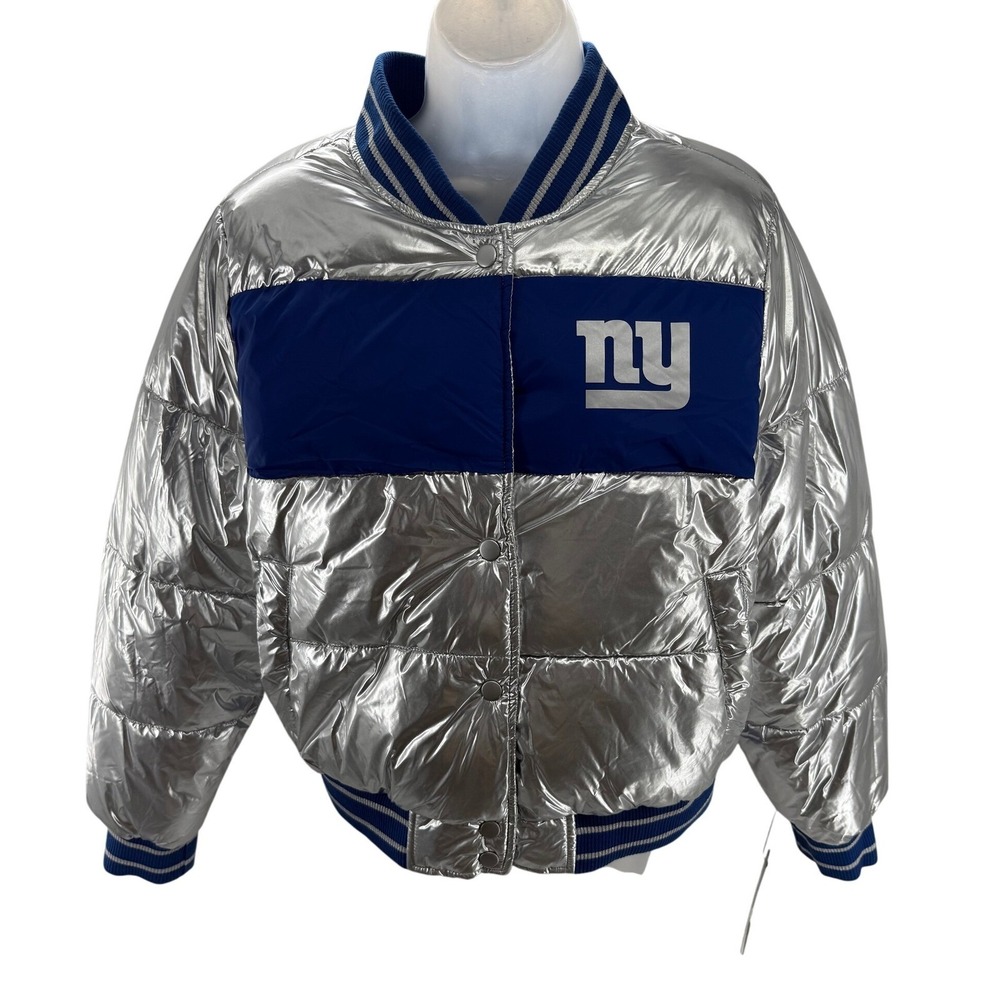 NFL New York Giants Metallic Silver Snap Puffer Jacket Womens Large NEW MSRP 120